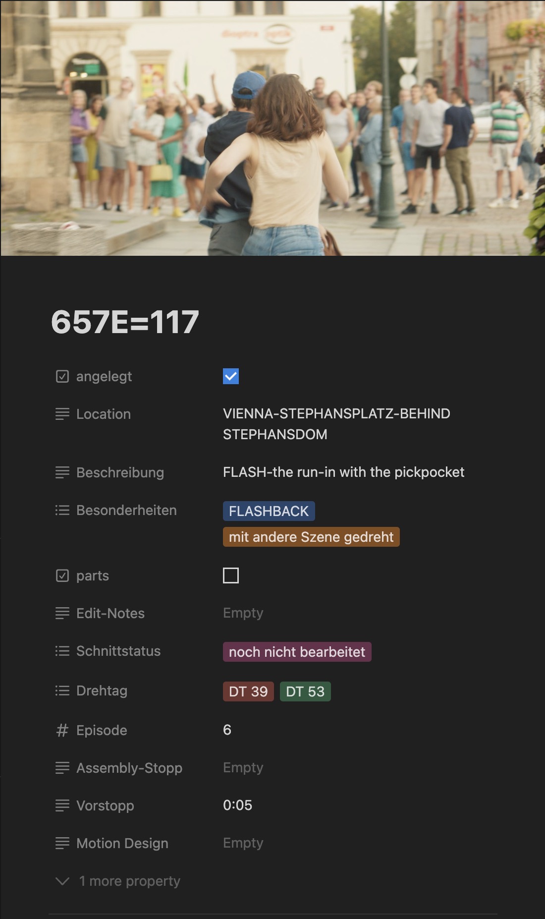 Notion card in detail, different properties like Location, notes, shooting day and episode are filled with information