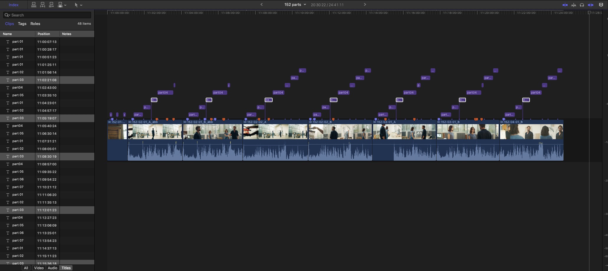 Timeline with all takes in a row. above it titles with different lenghts are placed on the clips