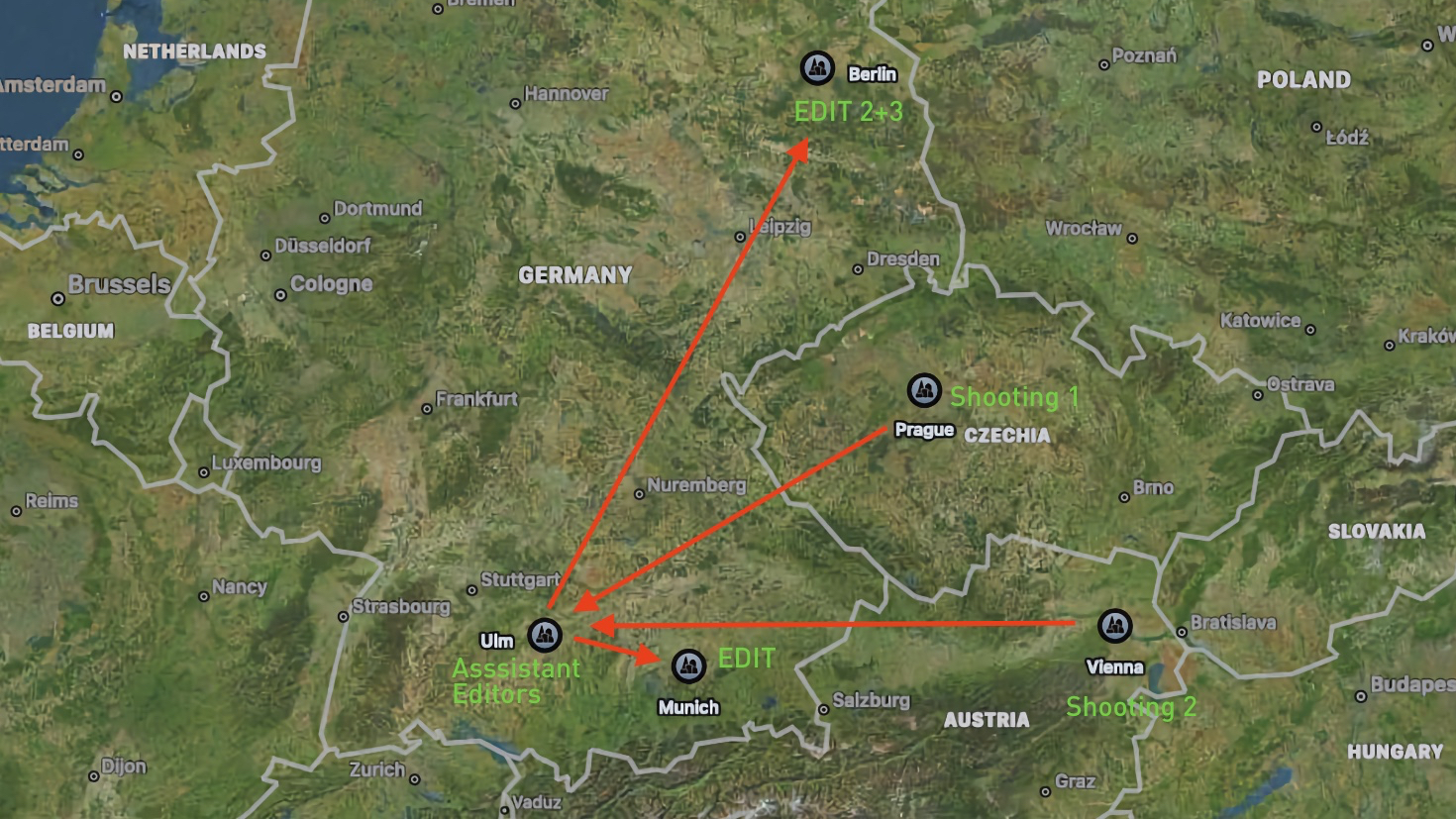 Map Europe, highlighting data-flow between Berlin, Prague, Vienna, Munich and Ulm